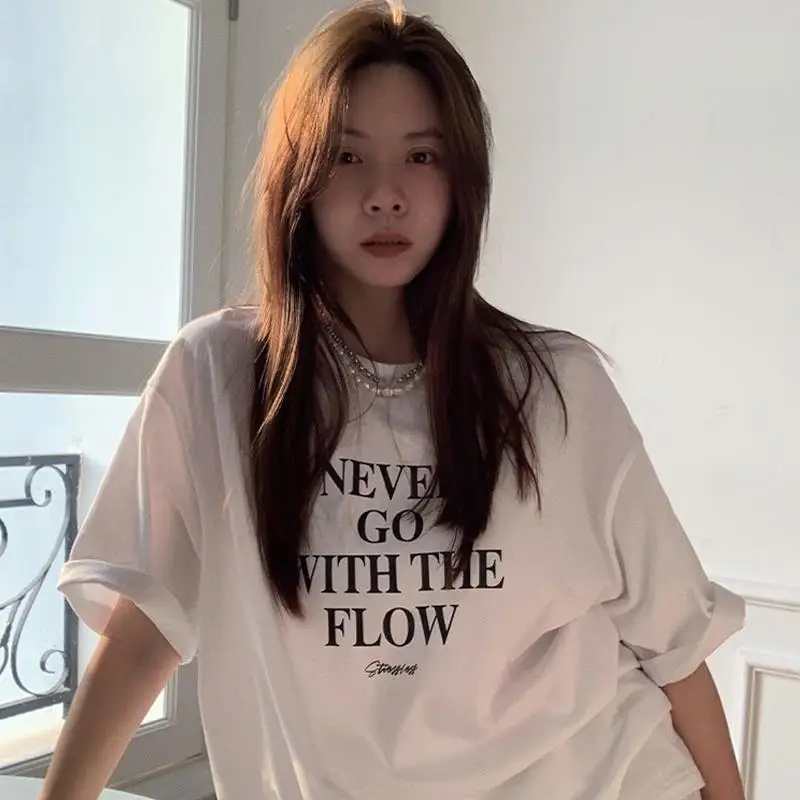 

HOUZHOU Casual White T-shirt Women Short Sleeve Oversized Korean Fashion Basic Tees Vintage Streetwear Summer Black Top Hippie