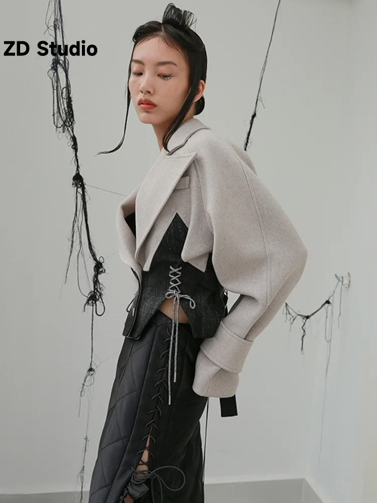 

[ZD Studio] Loose Fit Contrast Color Bandage Short Woolen Coat Parkas New Long Sleeve Women Tide Autumn Winter 2023