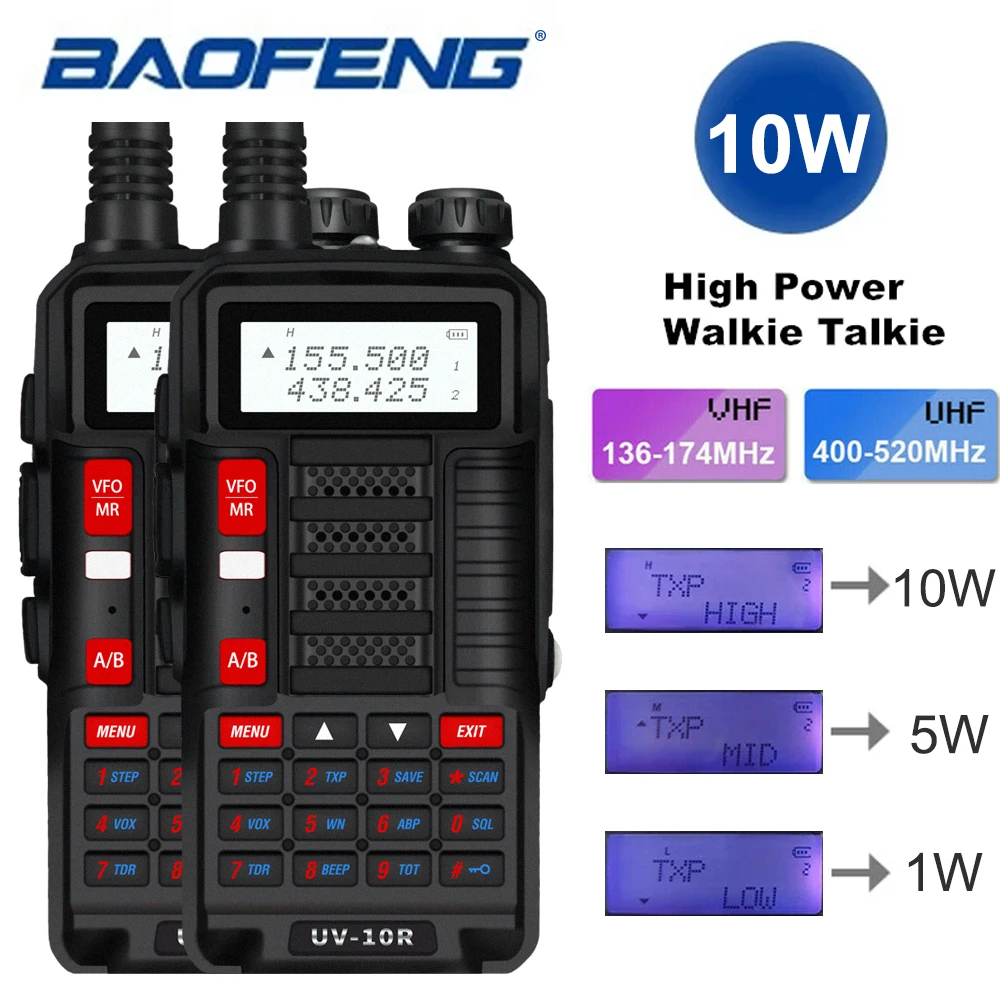 2PCS Baofeng UV-10R Professional Walkie Talkies 10W High Power UHF VHF Two Way Radio HF Transceiver UV 10R Portable CB Ham Radio
