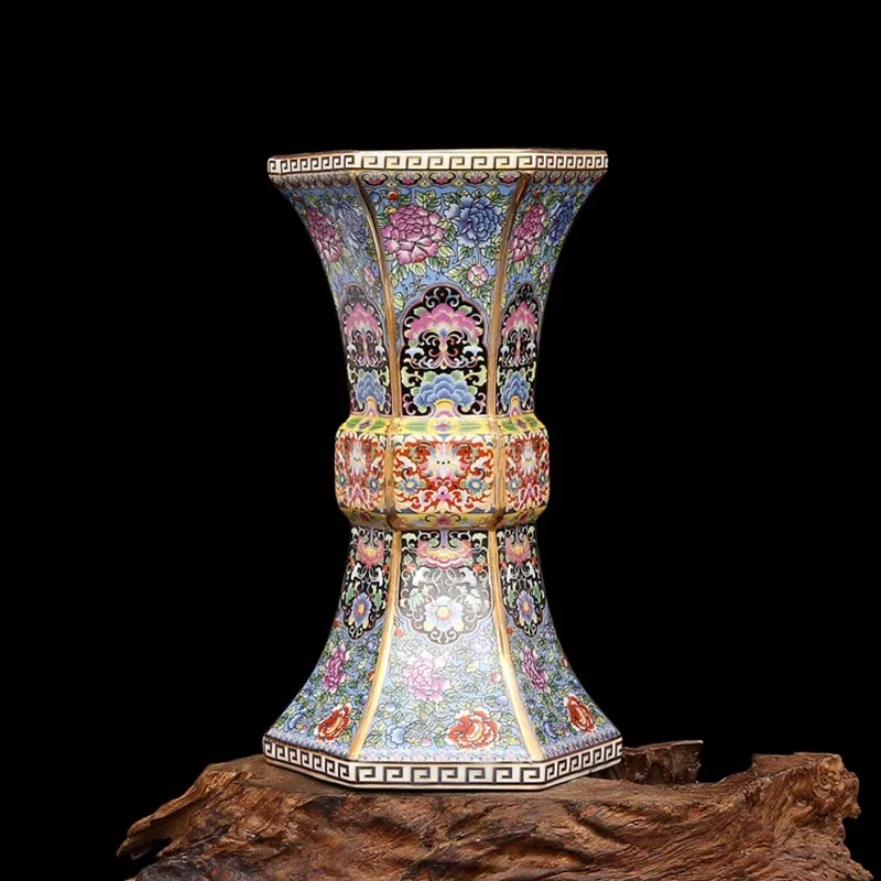 

Qianlong Enamel Color Antique Hexagonal Porcelain Vase Chinese Classical Ceramic Vases Ornaments Household Furnishing Flower Pot