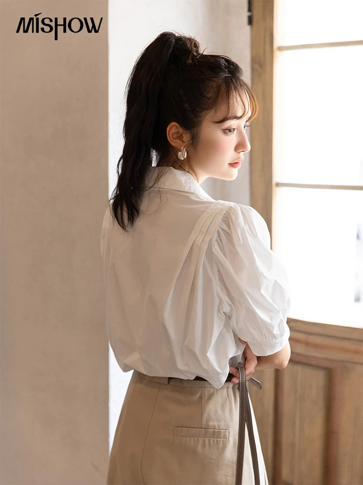 Рубашка-поло женская однобортная с коротким рукавом и воротником-фонариком