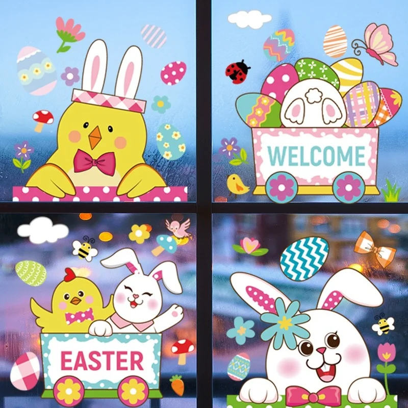 

Happy Easter Window Stickers Rabbit Easter Eggs Carrot Chick Glass Sticker Easter Party Wall Sticker Easter Decorations for Home