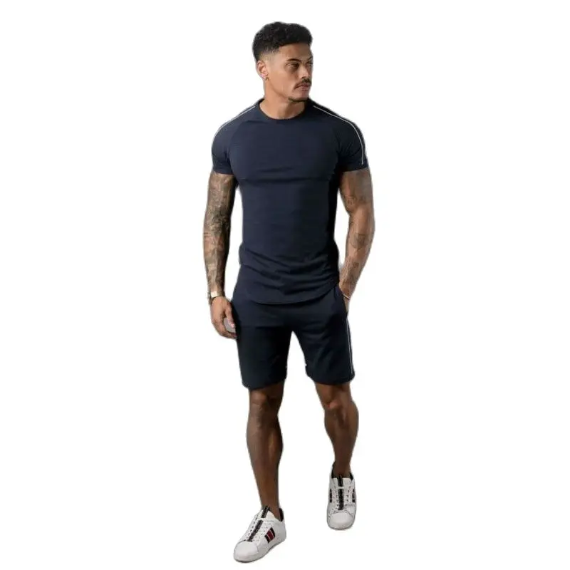 

Summer new men's T-shirt shorts sportswear set solid color top T-shirt tough guy style hip hop running + fitness casual Shorts S