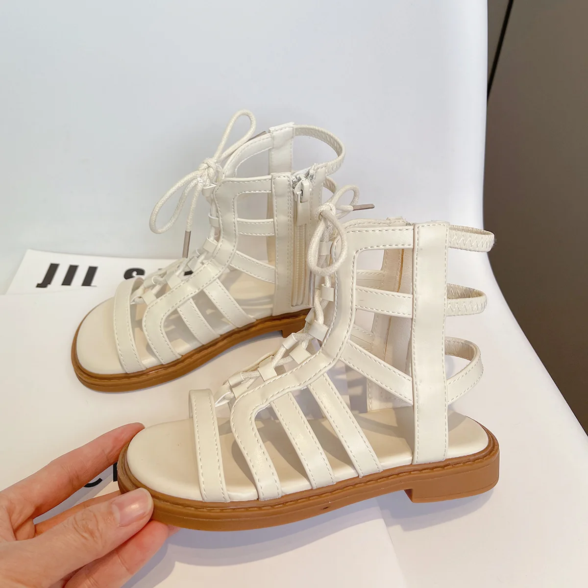 

Сандалии-гладиаторы на шнуровке для маленьких девочек, ботинки с перекрестной шнуровкой, высокие туфли, сандалии на плоской подошве, лето ...