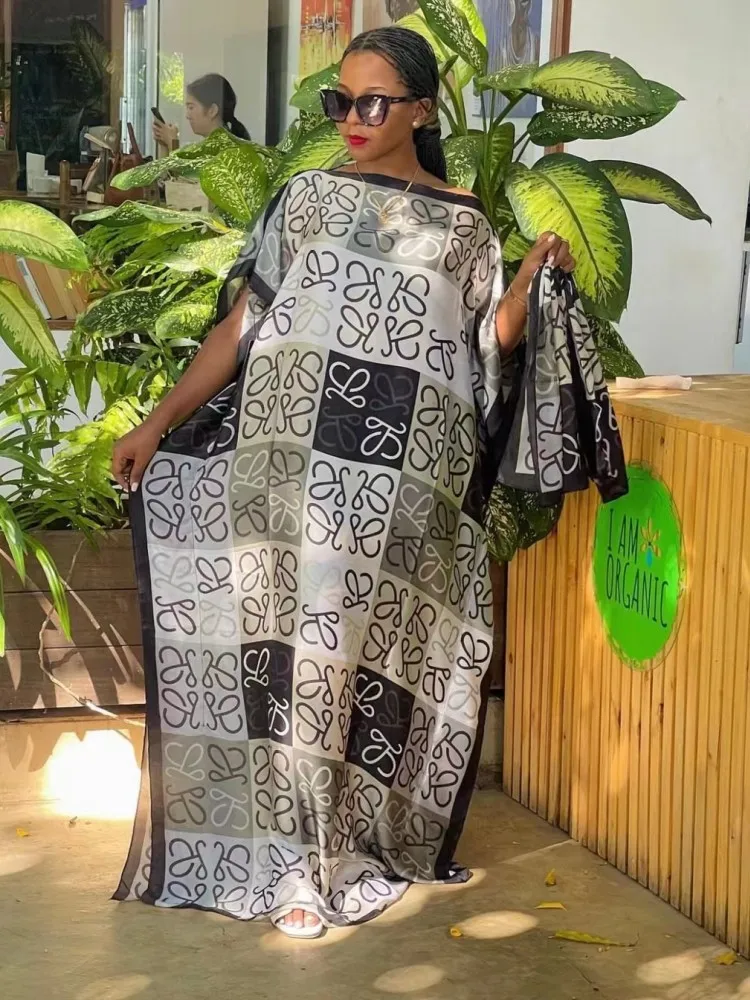 2023 New Style Fashion Oversize African Women Clothing Dubai Dashiki Abaya Free Size Print Design With Scarf Loose Long Dress