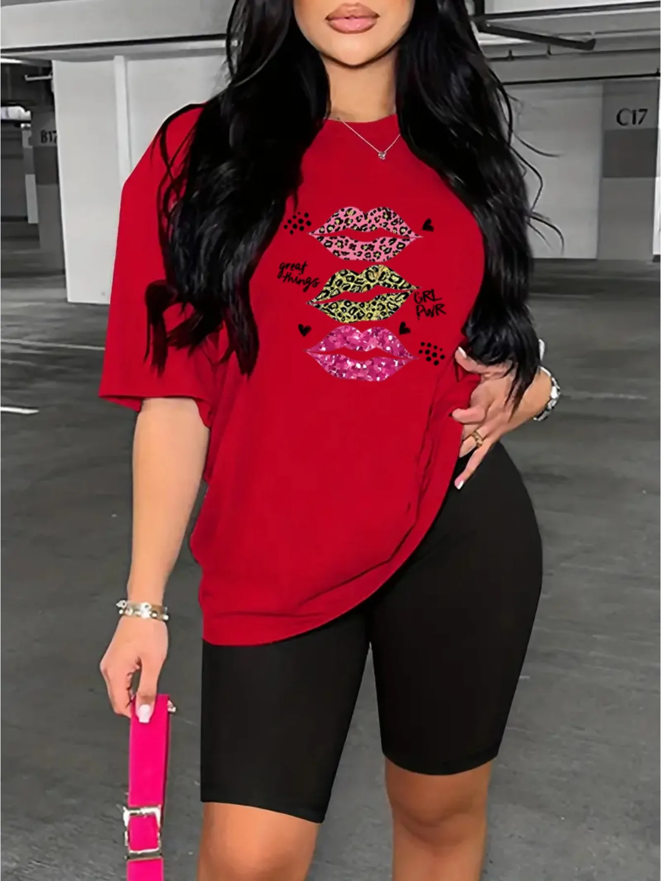 Женская повседневная футболка с короткими рукавами и шортами принтом губ букв