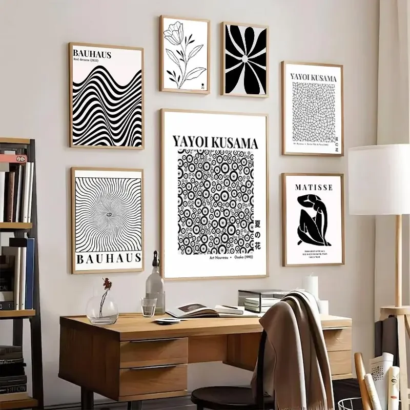 si abstrakcyjne paski plakat z nadrukiem czarno-biały Yayoi Kusama Wall Art Flower Market obraz na płótnie dekoracja sypialni