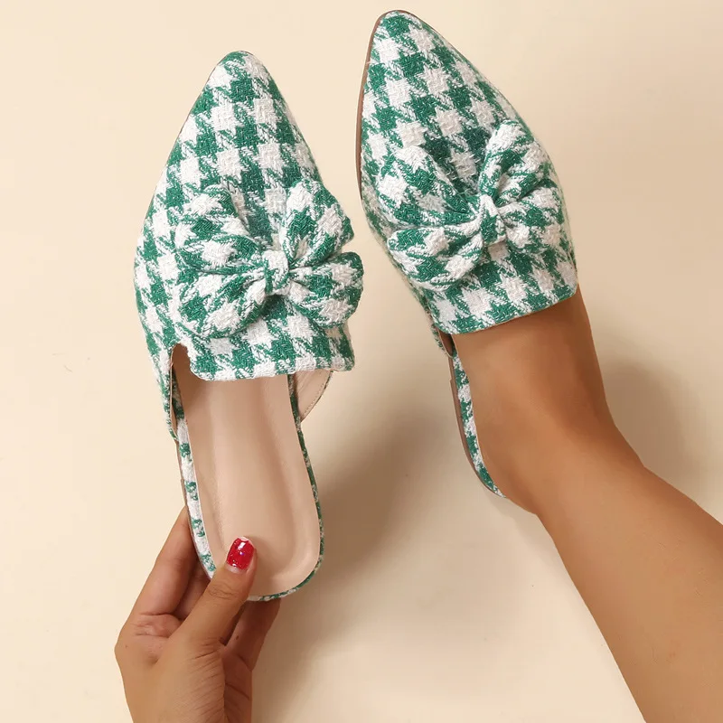 

Houndstooth Slippers Women Pointed Butterfly-knot Pumps 2022 New Sweet Commuter Flat Shoes Half Drag Fashion Trend Ladies Mules