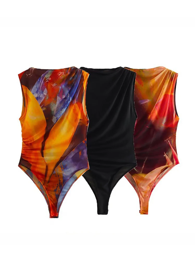 

TRAF 2023 Summer New Women's Bodysuits Pleated Decorative Holiday Style Sleeveless Sexy&Club Thin Bodysuit Available In 3 Colors