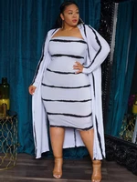 plus size two piece set casual print cardigan tube top stripe print knee length dress long sleeve jacket summer fashion outfits