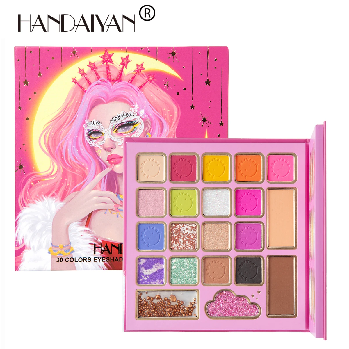 

HANDAIYAN, 30 цветов, палитра теней для макияжа, маска, королевские тени для век с румянами, хайлайтер, пудра, искусственная косметика