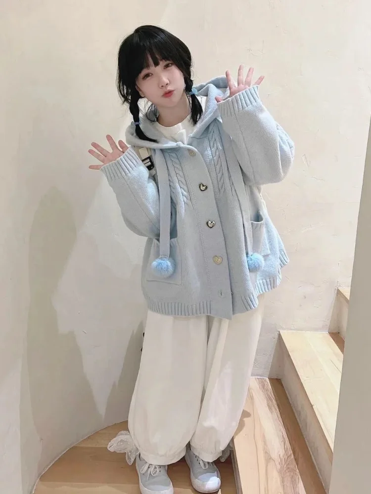 Deeptow Милая кавайная японская мода дизайн любовь пуговицы с капюшоном вязаные