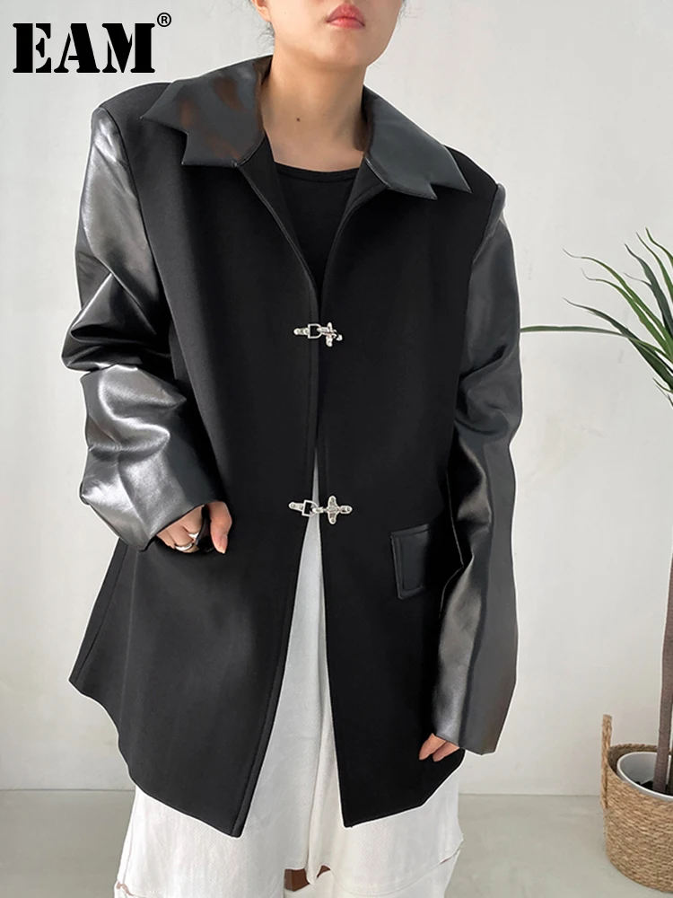 

[EAM] Women Black Pu Leather Spliced Big Size Blazer New Lapel Long Sleeve Loose Fit Jacket Fashion Spring Autumn 2023 1DF1463