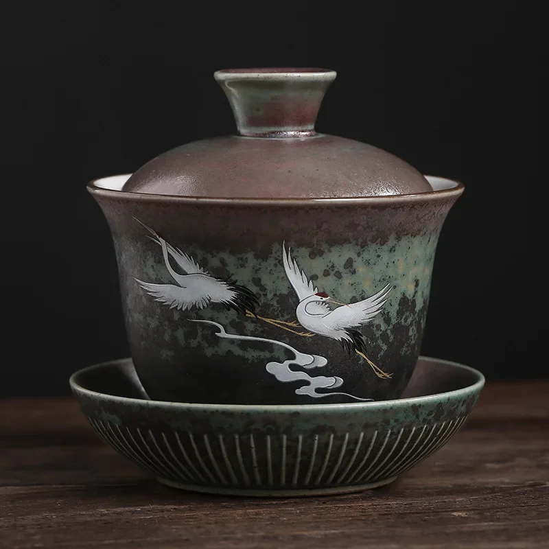 

Sancai Tureen Керамический чайный кунг-фу журавль Домашняя королевская чашка Чайная чаша Sopera De Ceramica Gaiwan Грубая керамика Чайный сервиз
