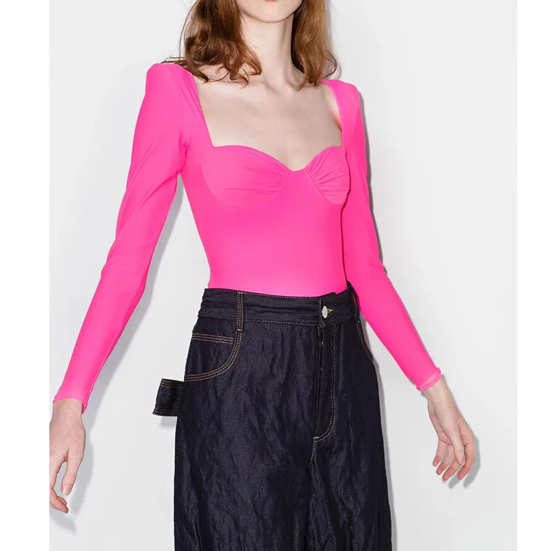 

FWfashion Runway Women Sexy Exposed Collarbone Bodycon Bodysuits Slim Love Collar Shoulder Pads Onesie Long Sleeve Bottoming Top