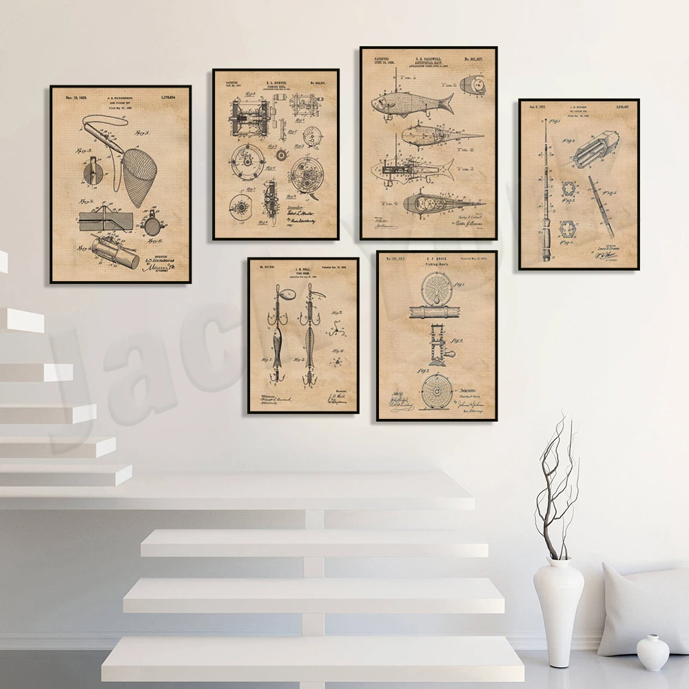 Vintage Fishing Poster, Fishing Rod Reel Patent Print, Man Cave Garage Bait Shop River Creek Lake Decoration, Fisherman Gifts