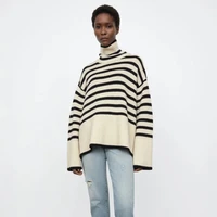 striped wool long sleeved pullover for totem 2022 spring and autumn new high neck loose black and white slit knitted top women