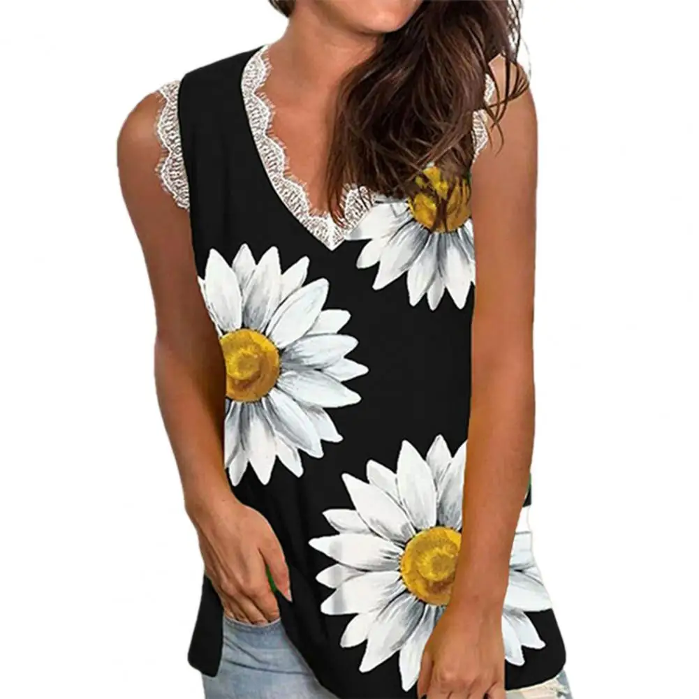 Floral Women Vest Lace Patchwork Leaves Print Vest Top Streetwear
