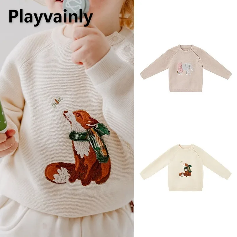 

Spring Autumn Boy Girl Sweater Top White Pink Cartoon Round Collar Raglan Long Sleeve Knitted Pullover Children Clothes E23400