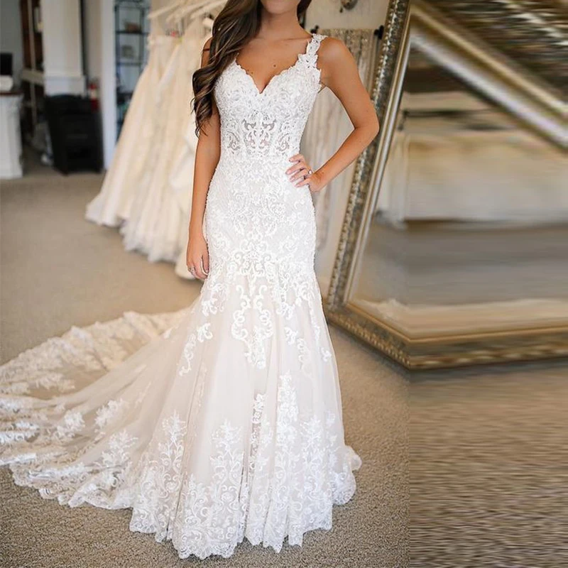 

Spaghetti Straps V-Neck Vestido De Noiva Mermaid Wedding Dresses Court Train Charming Appliques White Wedding Gowns Dress