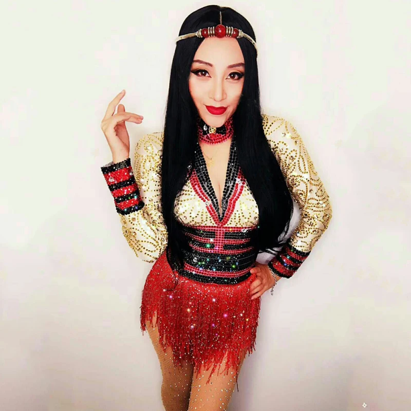

Sexy Rhinestones Tassel Short Dress Birthday Celebrate Evening Dress Nightclub Party Stage Prom Costume Rave Outfit XS5515