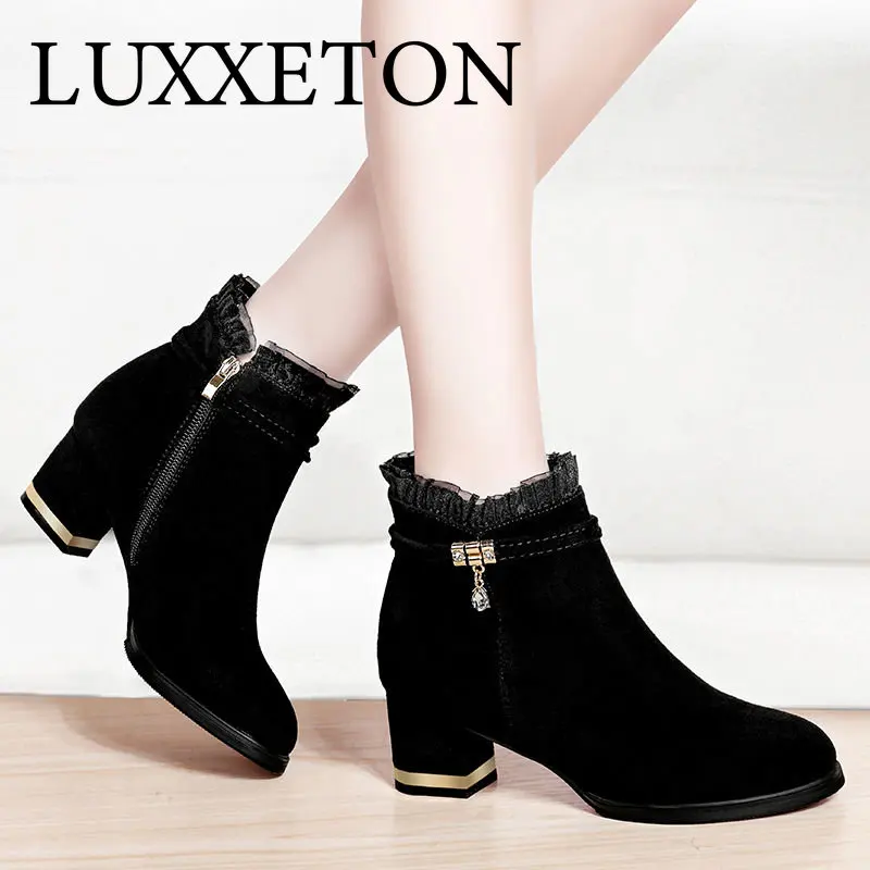 

Women Waterproof High Heels Mid Short Tube Patent Leather Warm Ankle Boots Versatile Low Chunky Strap Shoes