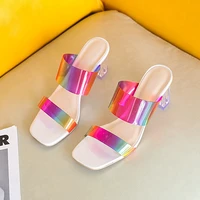 womens shoes 2022 summer bright colorful transparent pvc chunky high heels slipper strap sandals fashion plus size