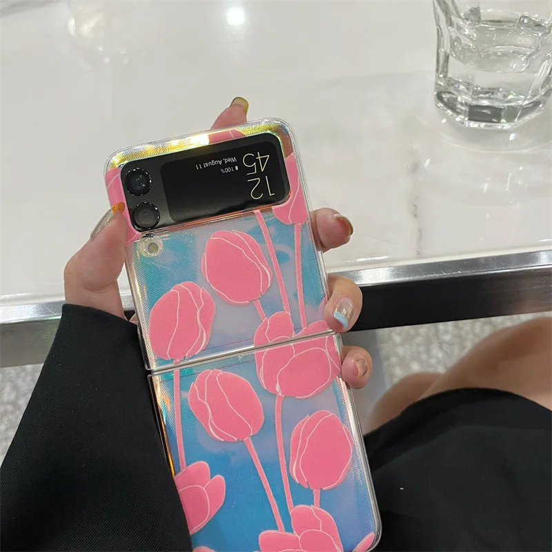 

Narcissus Laser Sticker Transparent Phone Case for Samsung Galaxy Z Flip 3 Hard PC Back Cover for ZFlip3 Case Protective Shell