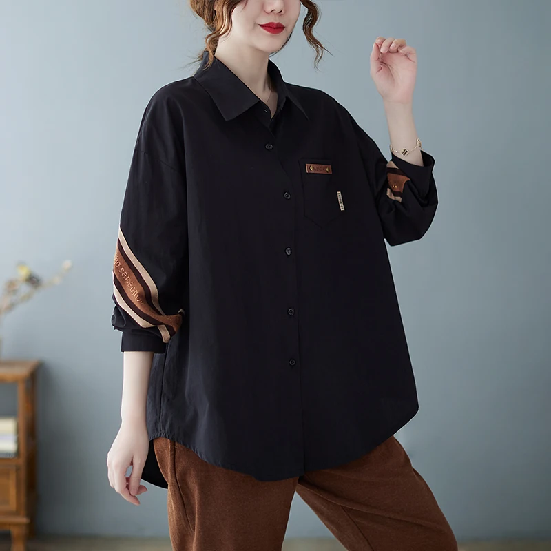 Черные женские рубашки в Корейском стиле Свободный Топ Женская Весенняя модная