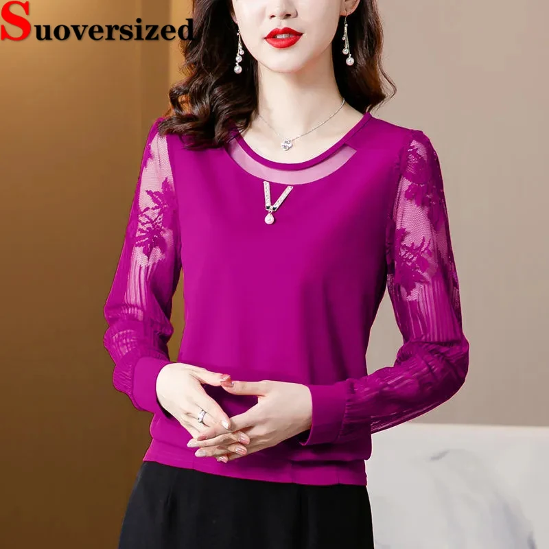 

O Neck Lace T-shirts Women Spring Elegant Fashion Mesh Tees Korean Loose Camisetas Casual Long Sleeve Tops Oversized 4xl Tshirt