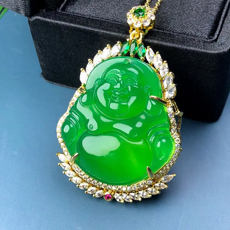 

Buddha Jade Pendant Women Fengshui Charm Natural Green Jadeite Maitreya Laughing Buddhas With Zircon Ruby Emerald Jades Necklace