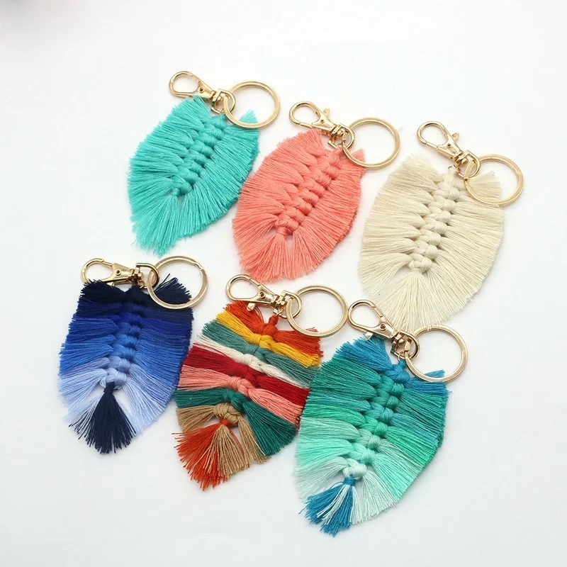 

New Cotton Rope Hand-Woven Feather Keychain Ring Backpack Small Pendant Decoration Supplies