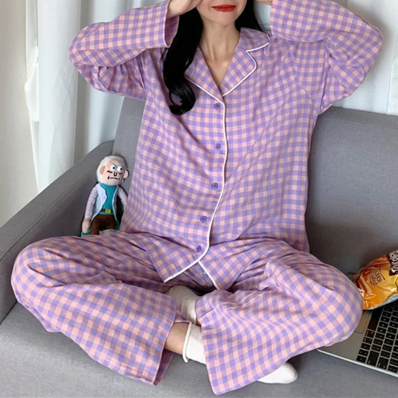 

Korea Style Women Pajama Sets Sleepwear Plaid Pattern Homewear Suit 2022 New Long Sleeve Pajama Tops+Pants 2 Pieces Pyjamas Suit