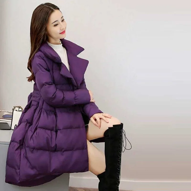 2022 Winter Parkas Women Cotton Jacket Fashion A-line Down Cotton Jackets Thick Warm Long Slim Female Bow Big Swing Cotton Coats