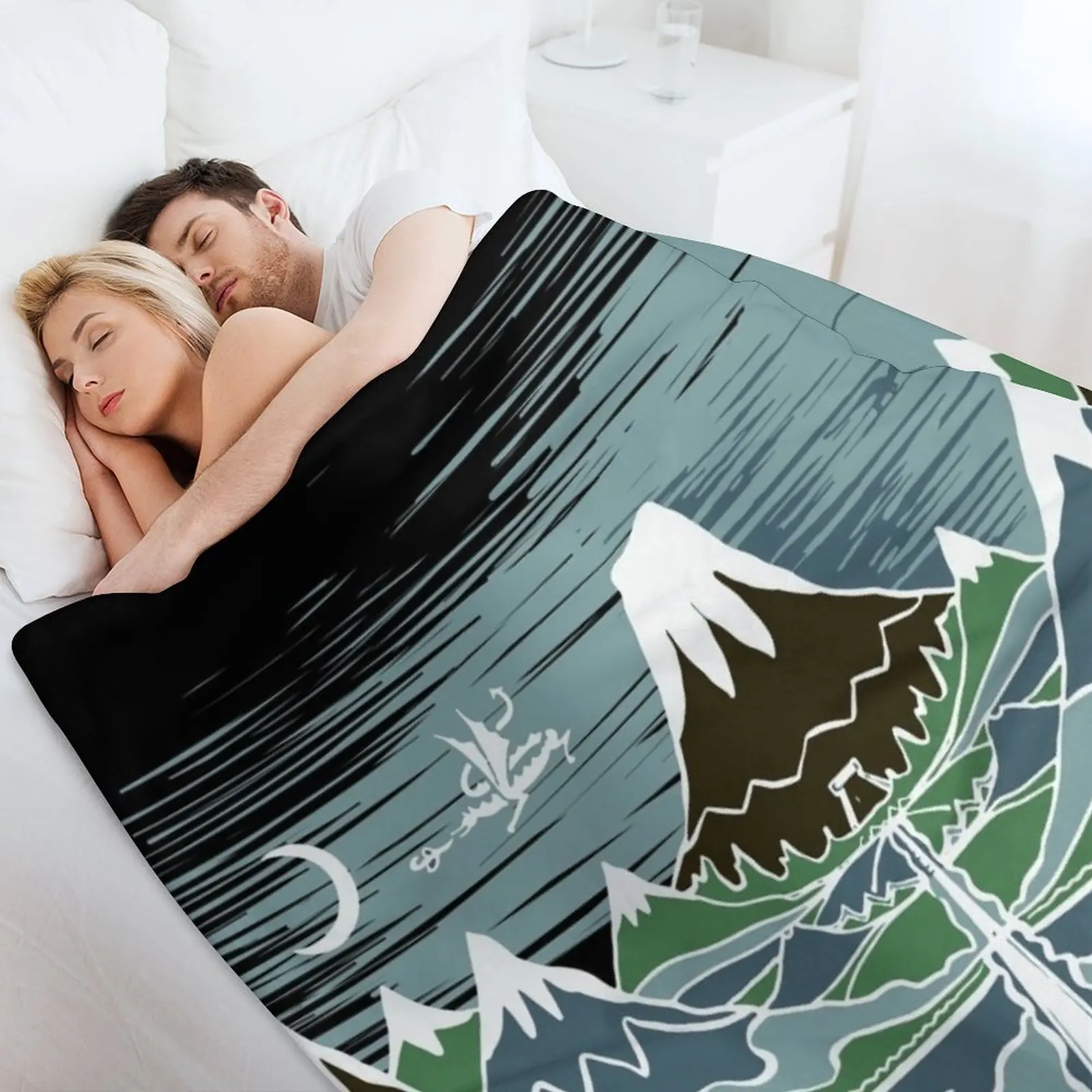 Путешествие Halflings по горной тропе через эльфийское дерево в стиле J.R.R.Tolkien Throw Blanket