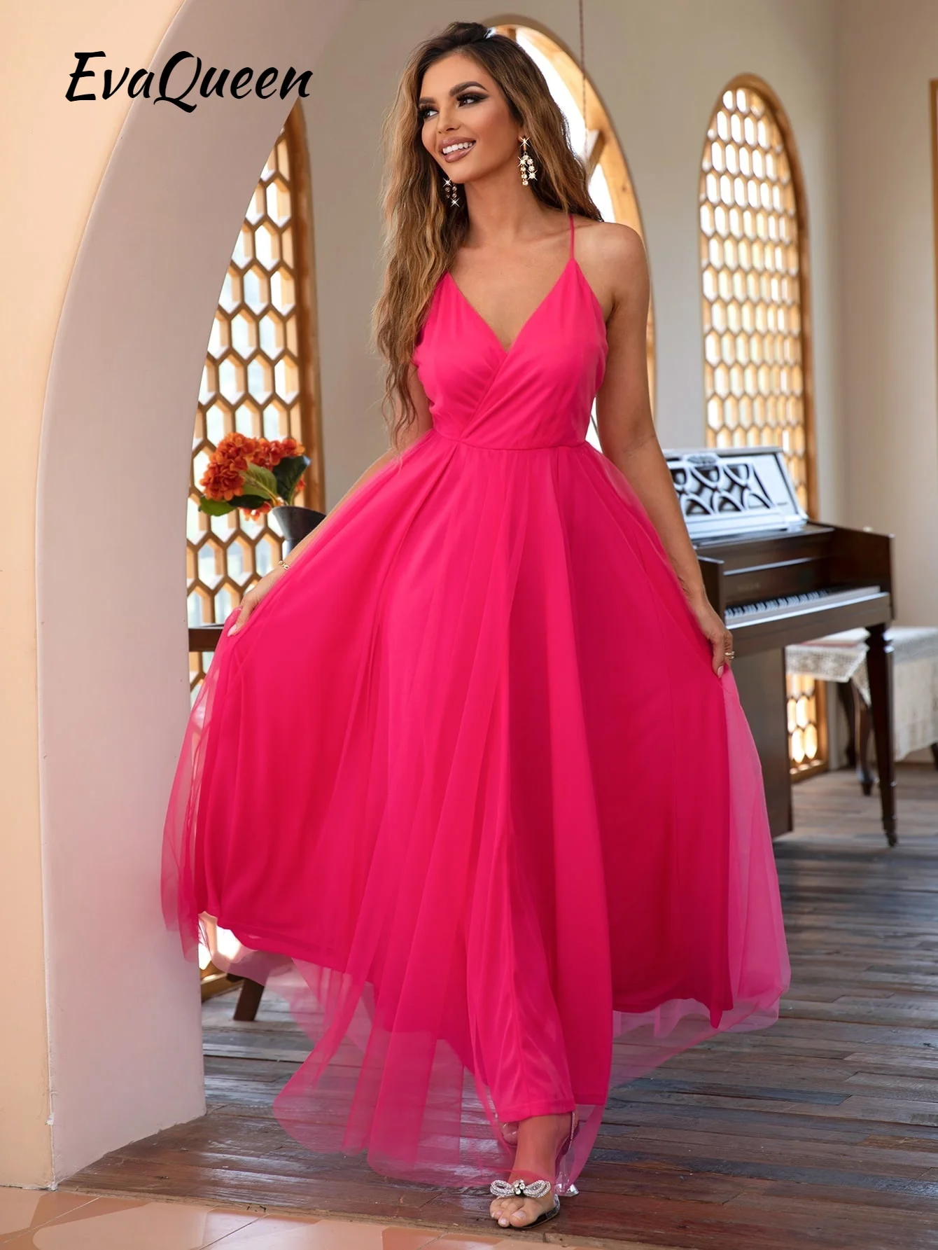 

EvaQueen Crisscross Backless Mesh Cami Dress