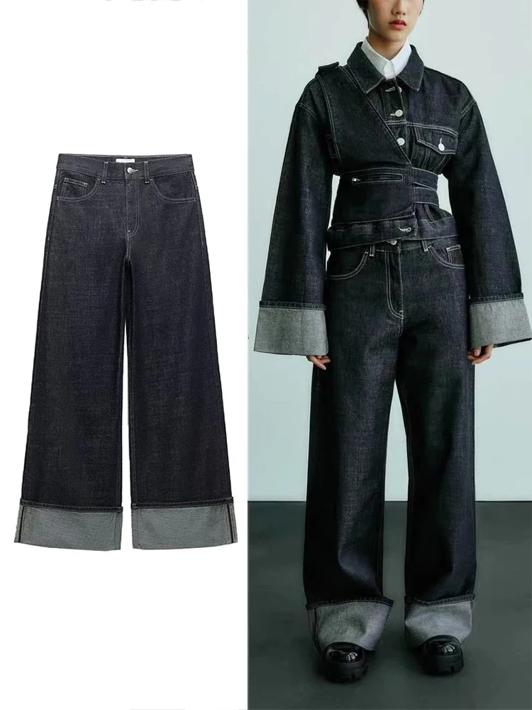 TRAFZA женская мода Casual Rolled Pants Solid Colour Button Loose Wide Leg High Waist Streetwear Commuter Jeans