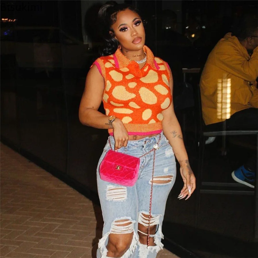 

Women Summer Tops 2022 Casual Slim Sweater Lapel Single Breasted Knit Crop Tank Top Streetwear Y2k Tops Knitted Tops Female