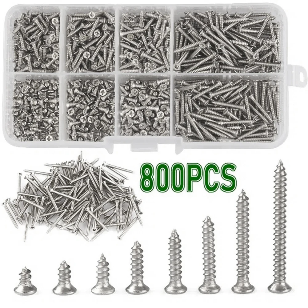 

800PCS Phillips Pan Head Wood Screw Stainless Steel Countersunk Screw Boxed Cross Flat Head for Deck/Drywall/Concret/Sheet Metal