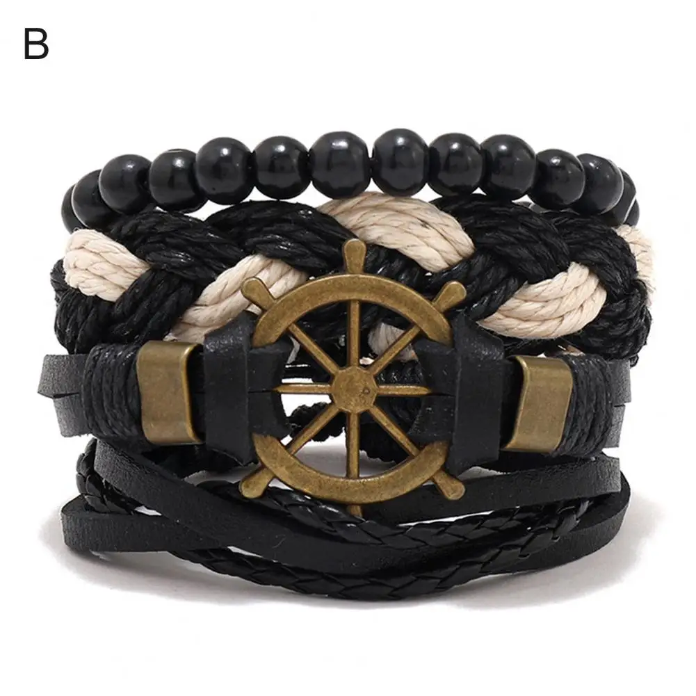 

Woven Bracelets Beads Gift Multi-layer Braided Artificial Leather Bracelets Retro Bracelets Braided Bracelets 4Pcs/Set