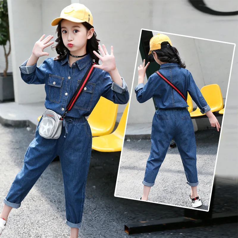 

2023 Korean Spring Autumn children Cotton denim top sports fashion jeans girls child Casual two-piece set Junior girl suit