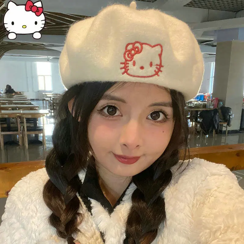 

Шапка Sanrioed с рисунком Hello Kitty Женская, милая осенне-зимняя берет в стиле винтаж, очень Милая Вышивка, головной убор, аксессуар
