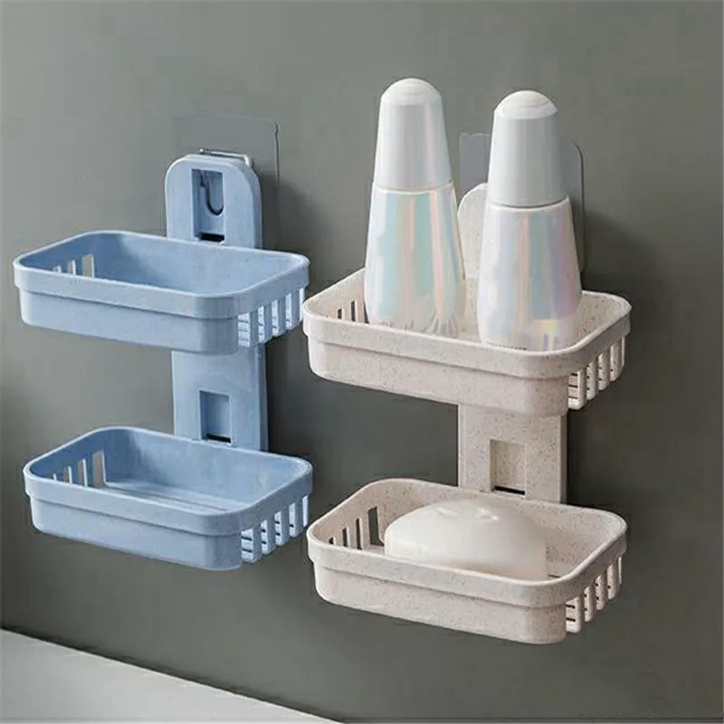 

Настенные двухуровневые стеллажи для ванной комнаты, пластиковая подставка на присоске для мыла, шампуня, ванной комнаты, необычная дренаж...