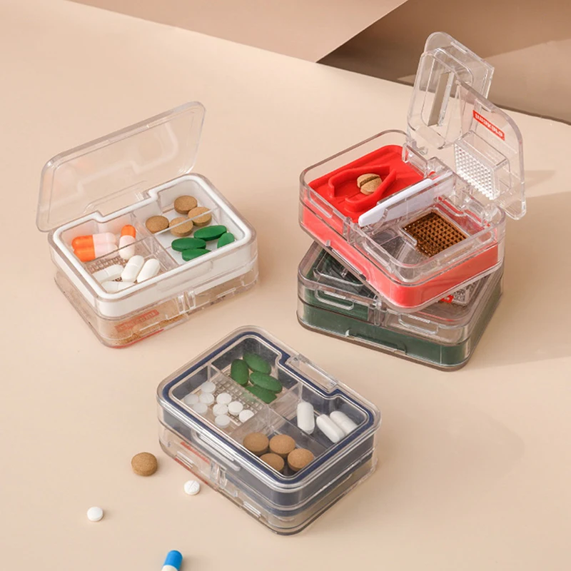 

Portable Medicine Box Four-in-one Multi-Purpose Mini Medicine plastic Box Cutter Medicine Separator Pill Cutter Storage Boxs