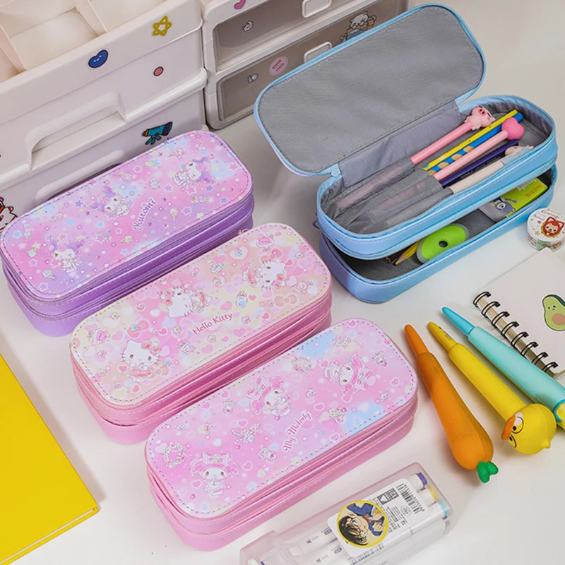 

Sanrio Hello Kitty Kuromi Pencil Bag Double-Layer Girls Cartoon My Melody Cinnamoroll Pu Leather Stationery Box Student Kid Gift