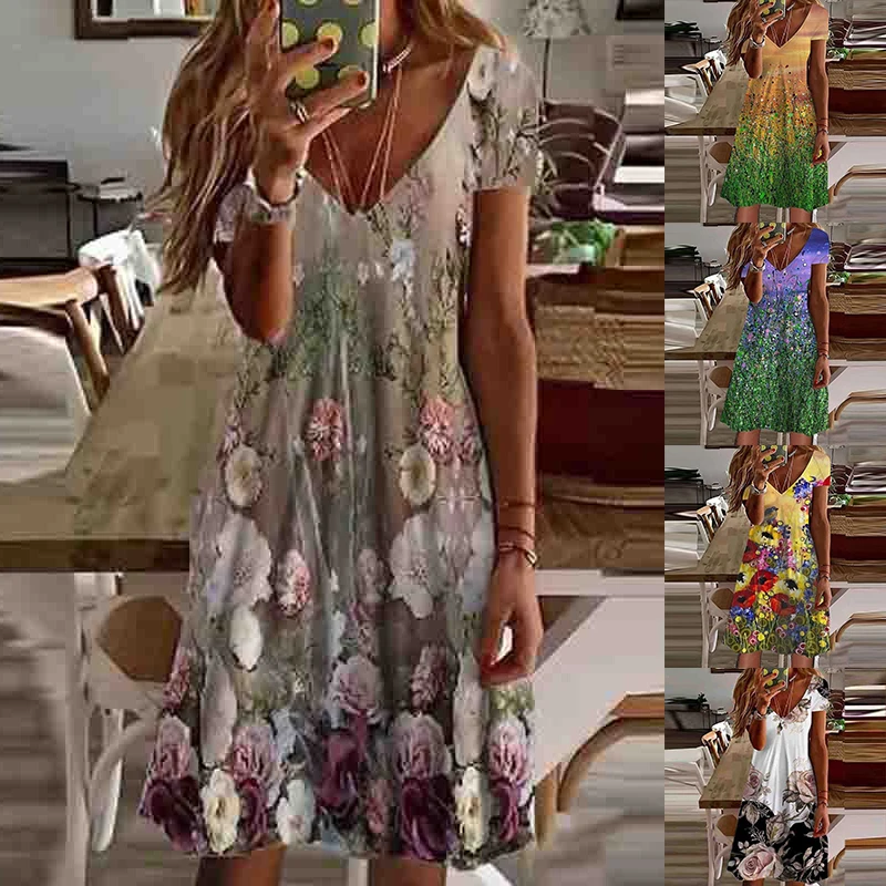 

Женское платье с коротким рукавом, V-образным вырезом и принтом