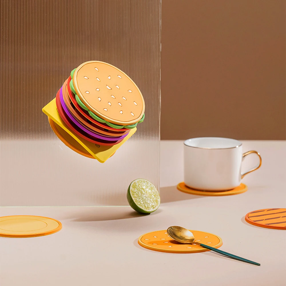 Cute Burger Cup Pad Slip Insulation Hamburger Placemat Coffee Coaster Kitchen Table Mat Home Decor For Tableware Mug 8pcs/Set