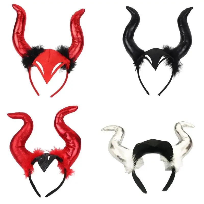 

Furry Devil Horn Headband for Adult with Face Mask Gold Stamping Hairhoop Kids Halloween Headdress Cosplay Headpieces