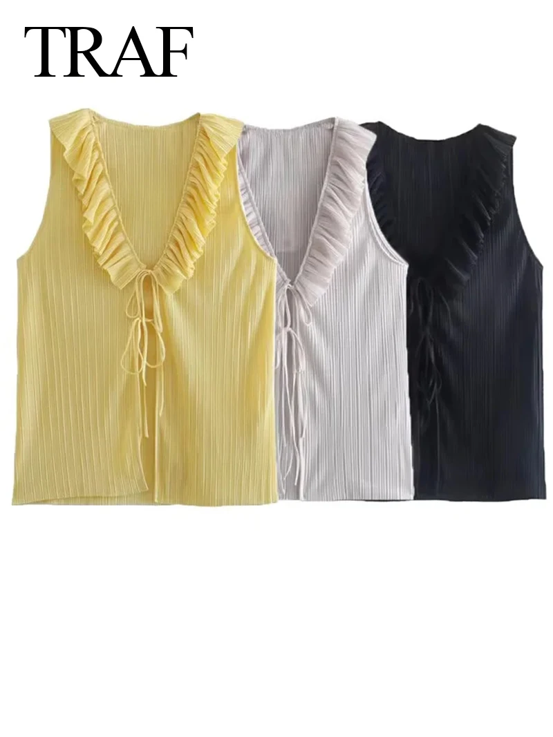 

TRAF Fashion And Elegant Ice Silk Wrinkled T-shirt Lotus Leaf V-neck Cardigan Lace Up Sleeveless Solid Color Slim Top Women