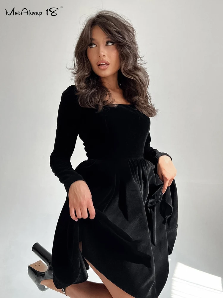 

Mnealways18 Velvet Puff Sleeve Party Black Dress Puff Sleeve Ruched Fit Flare Mini Dress Evening 2024 Square Collar Female Dress